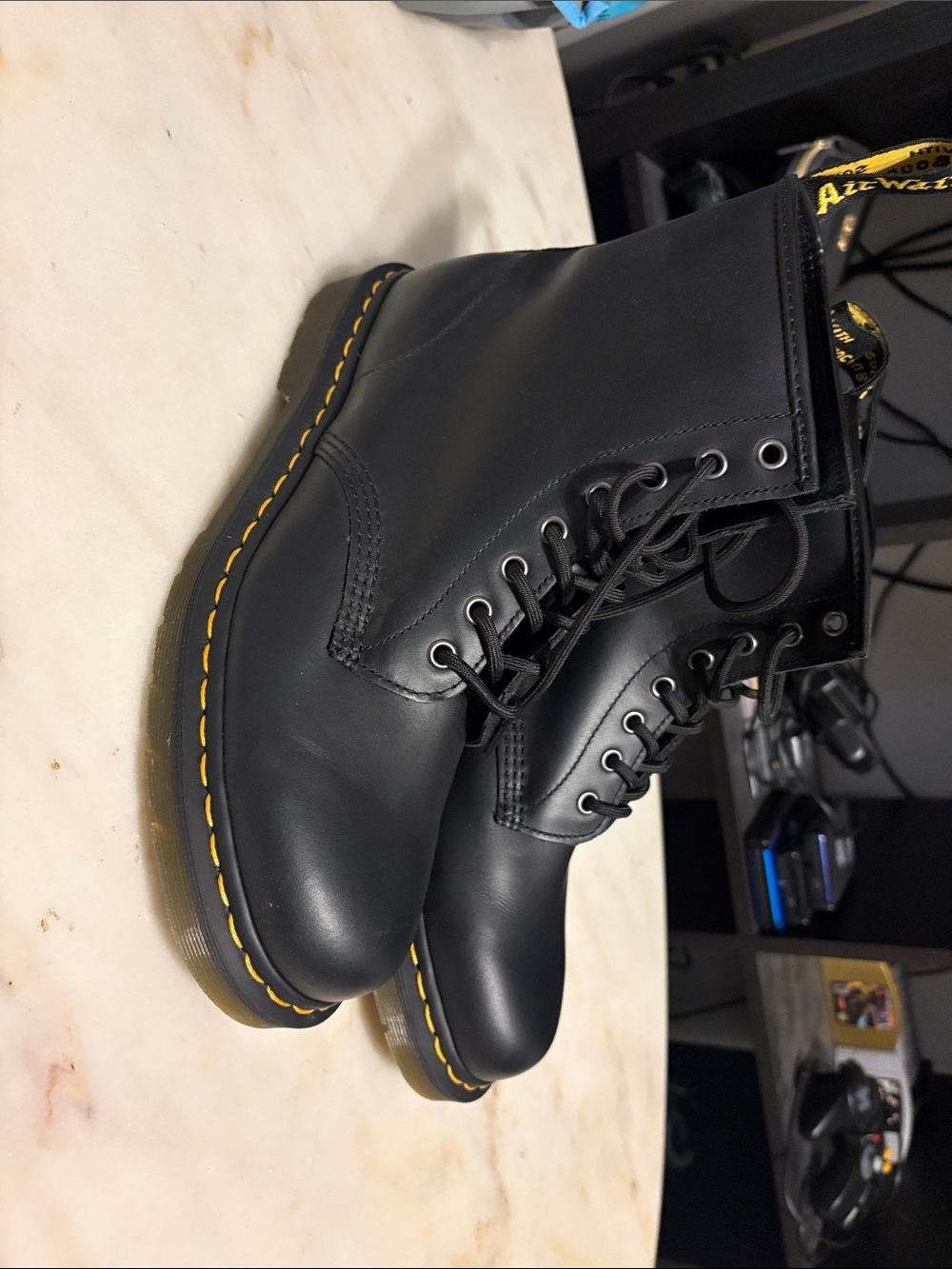 Dr. Martens Black Leather 8-Eye Lace-Up Boots with Yellow Stitching